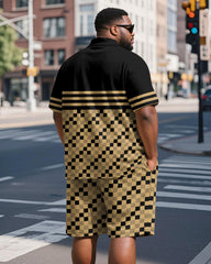 Men's Plus Size Daily Black And Yellow Patchwork Letter Print Short-sleeved Polo Shirt Shorts Suit