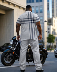 Men's Plus Size Large Plaid Light Gray Short Sleeve Shirt Trousers Men's Suit