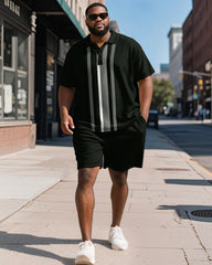Men's Plus Size Business Black Stripe Print Short Sleeve Polo Shirt Shorts Suit