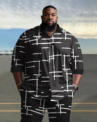 Men's Plus Size Black Irregular Geometric Line Long Sleeve Lapel 2 Shirt Set