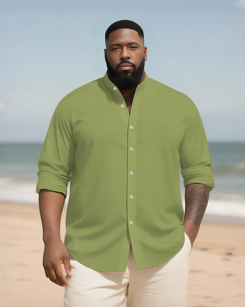 Big & Tall Men's Daily Solid Color Bamboo Hemp Texture Stand Collar Long Sleeve Shirt