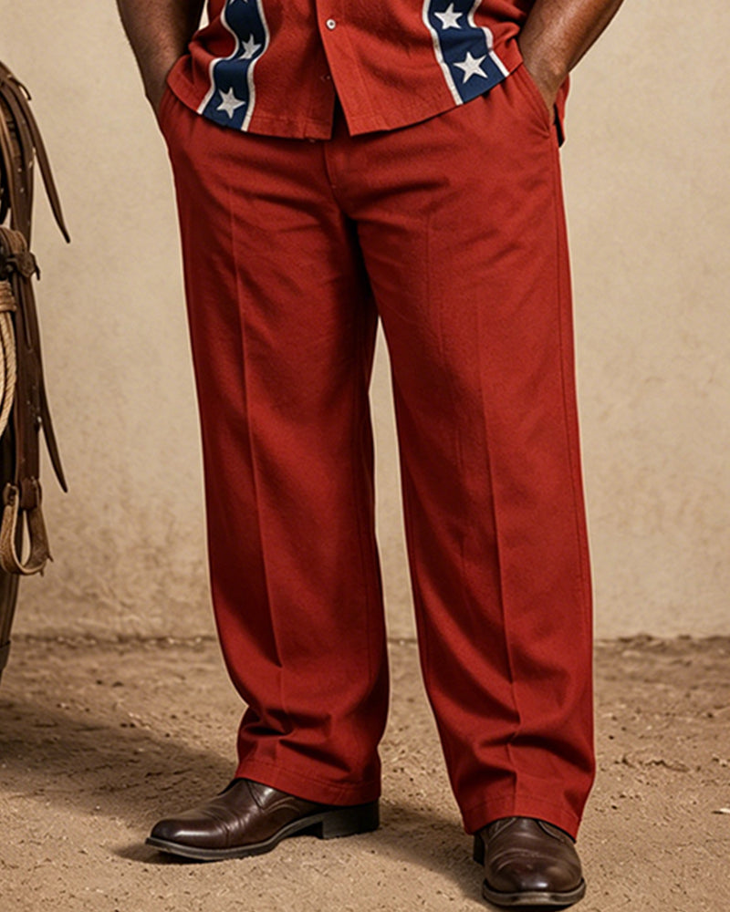 Big & Tall Men's Western Red Blue And White Star Printed Short Sleeve Shirt Pants Set