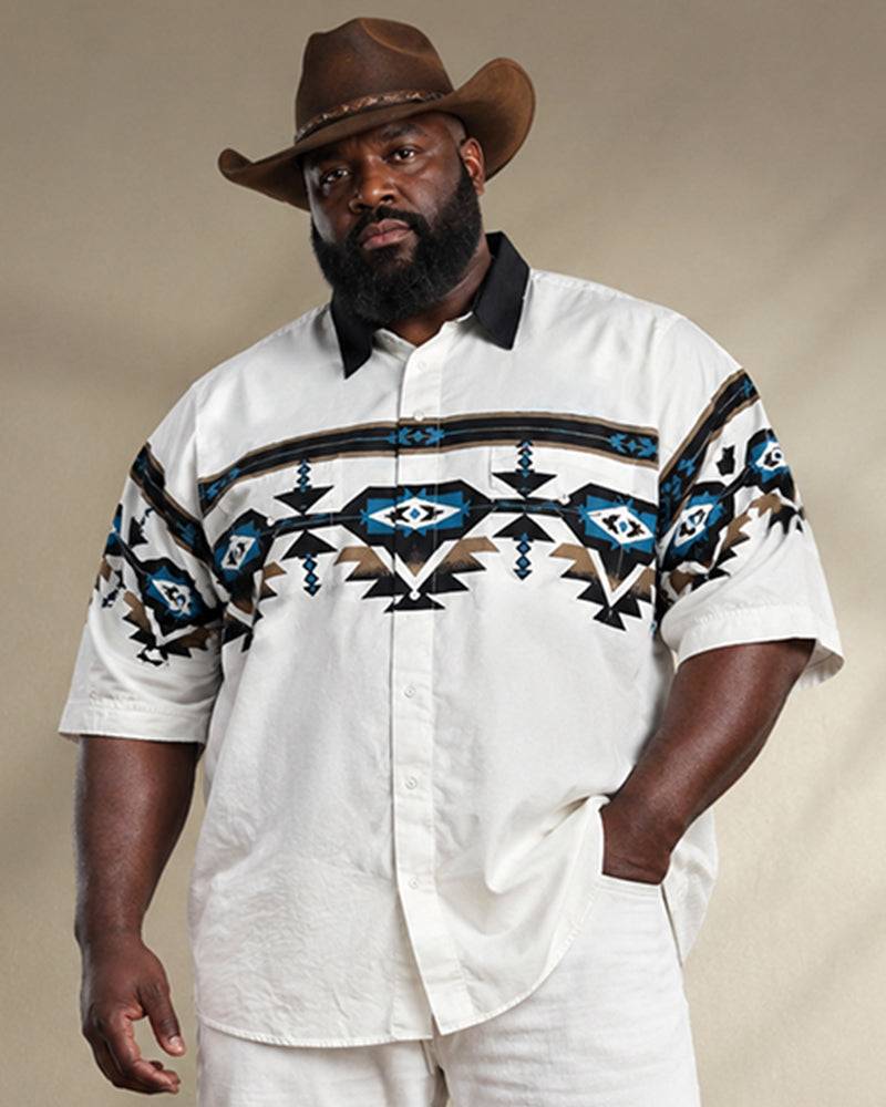 Big & Tall Men's White Base Color Navajo Tribe Geometric Print Short Sleeve Shirt Pants Set