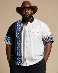 Big & Tall Men's Black And White Contrast Navajo Striped Printed Short Sleeve Shirt Pants Set