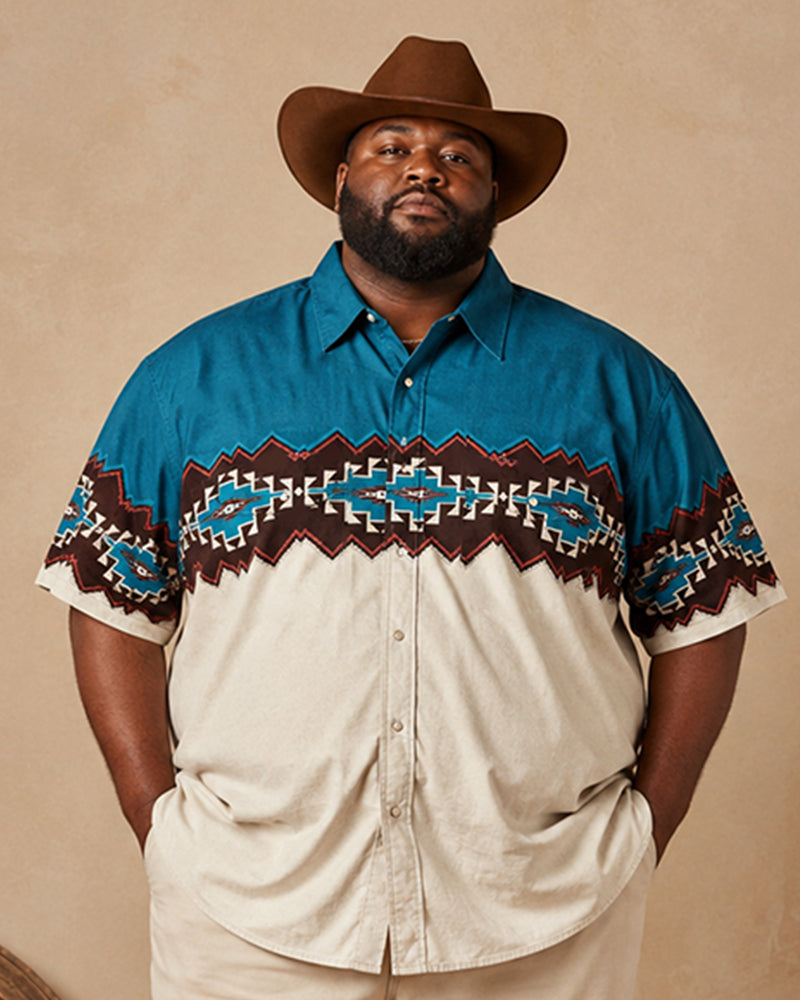 Big & Tall Men's Blue And White Contrast Navajo Geometric Print Short Sleeve Shirt Pants Set