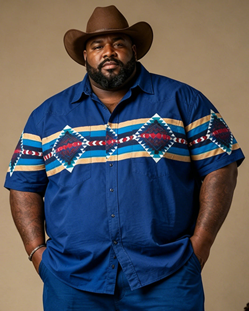 Big & Tall Men's Royal Blue Navajo Geometric Print Short Sleeve Shirt Pants Set