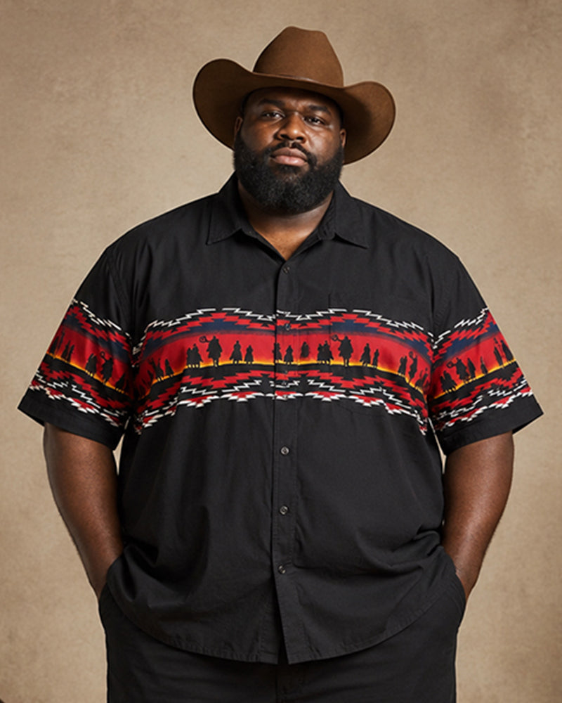 Big & Tall Men's Black Base Navajo Tribe Silhouette Print Short Sleeve Shirt Pants Set