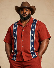 Big & Tall Men's Western Red Blue And White Star Printed Short Sleeve Shirt Pants Set