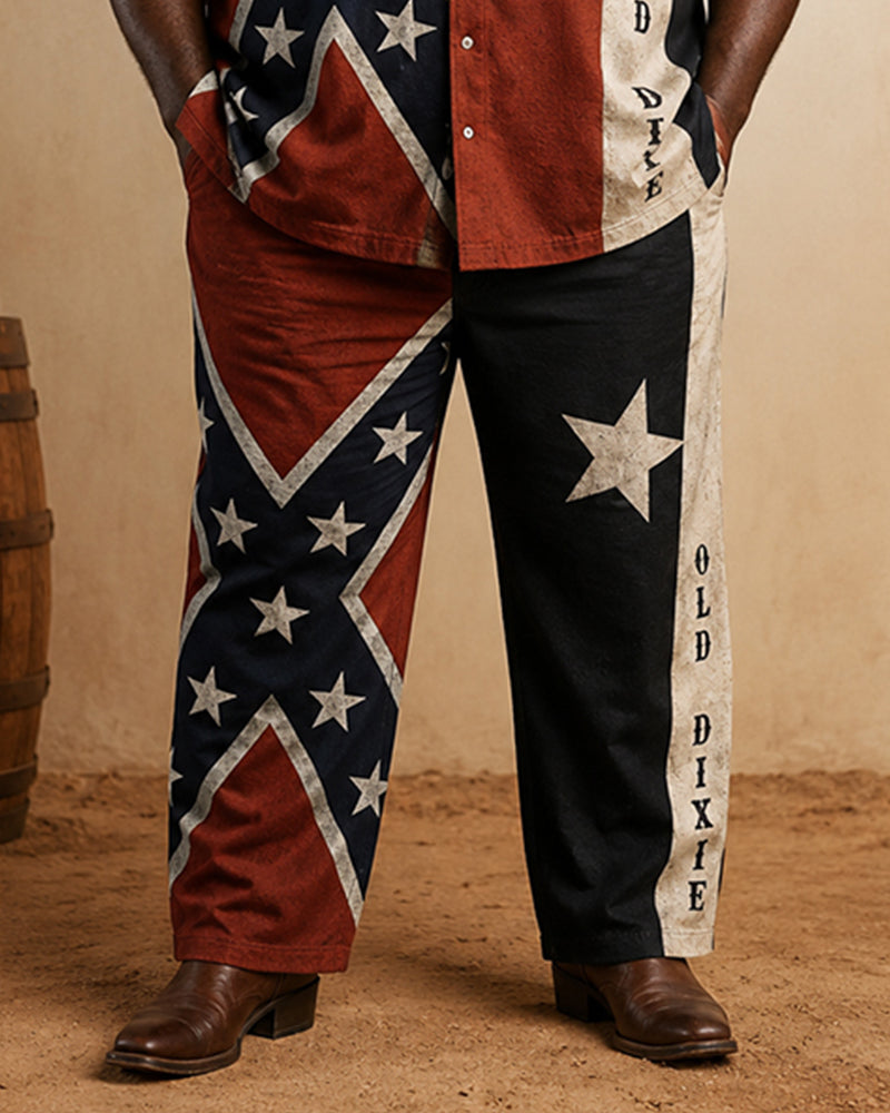 Big & Tall Men's Retro Distressed Flag Print Short Sleeve Shirt Trousers Set
