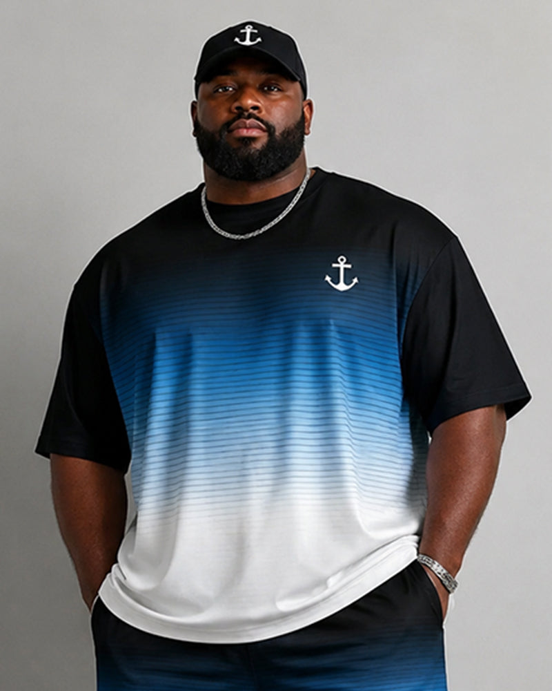 Big & Tall Men's Blue And White Gradient Stripe Anchor Printed Round Neck Short Sleeve T-Shirt Shorts Set