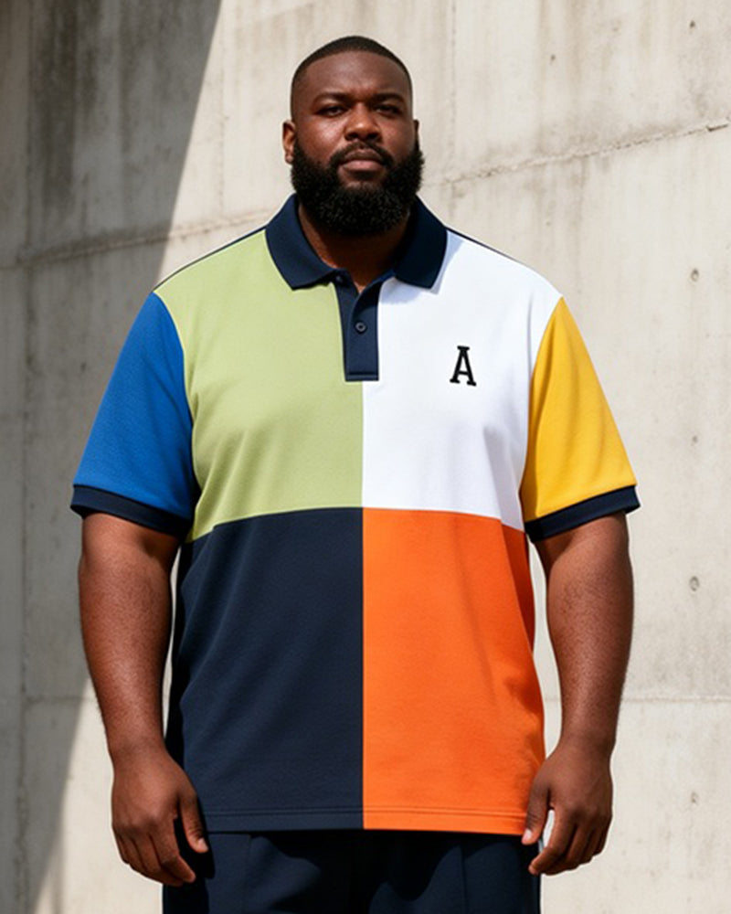 Big & Tall Men's Four-color Stitching A- Print Polo Short Sleeve Pants Set