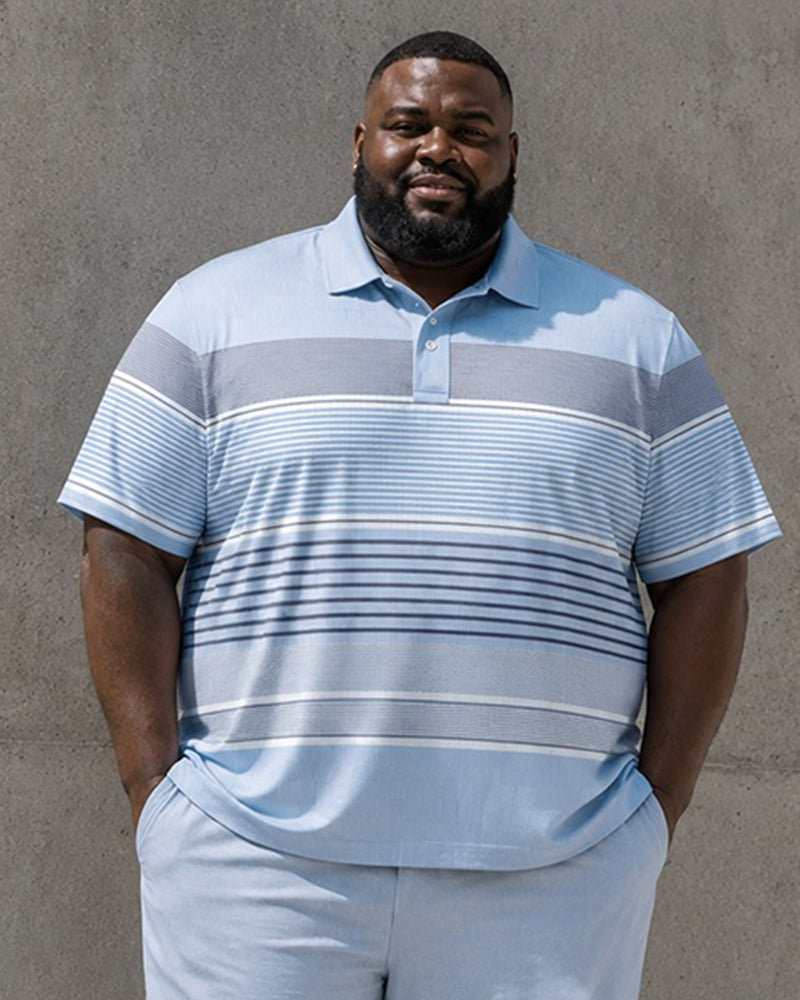 Big & Tall Men's Light Blue Gradient Horizontal Stripe Printed Polo Short Sleeve Trousers Set