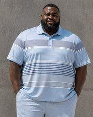 Big & Tall Men's Light Blue Gradient Horizontal Stripe Printed Polo Short Sleeve Trousers Set