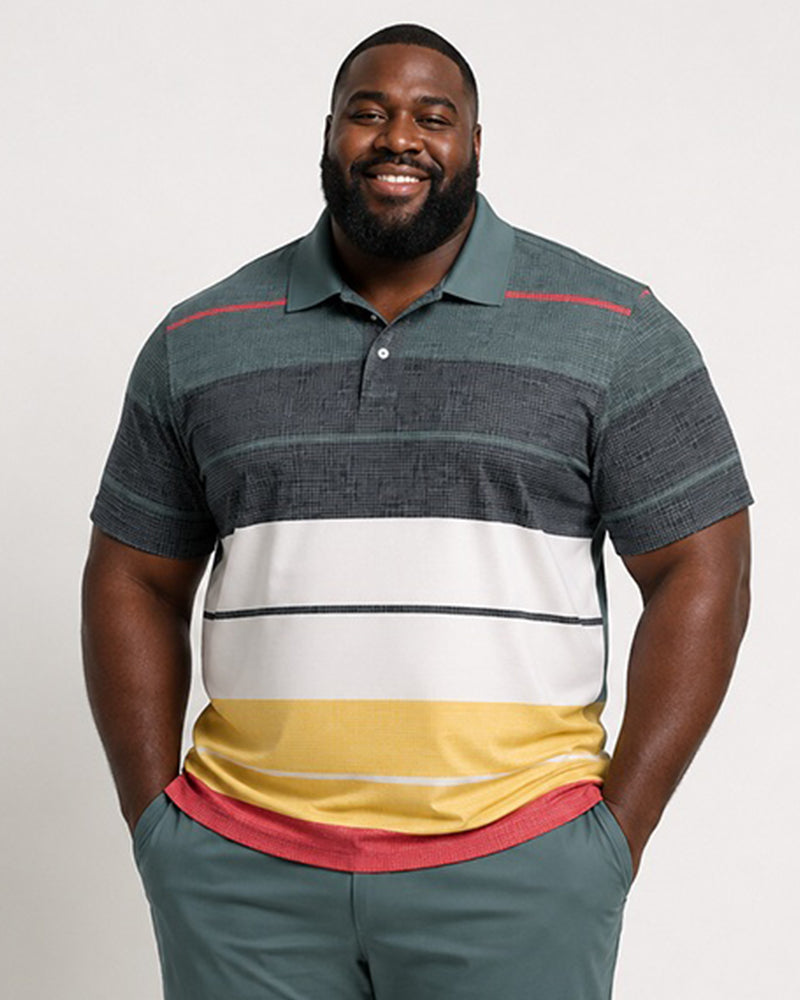 Big & Tall Men's Stripe Contrast Printed Polo Short Sleeve Pants Set