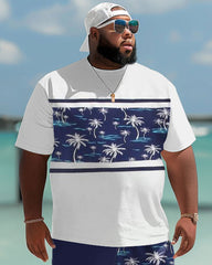 Hawaiian Simple Striped Leaf Print Shorts Men's Plus Size Suit