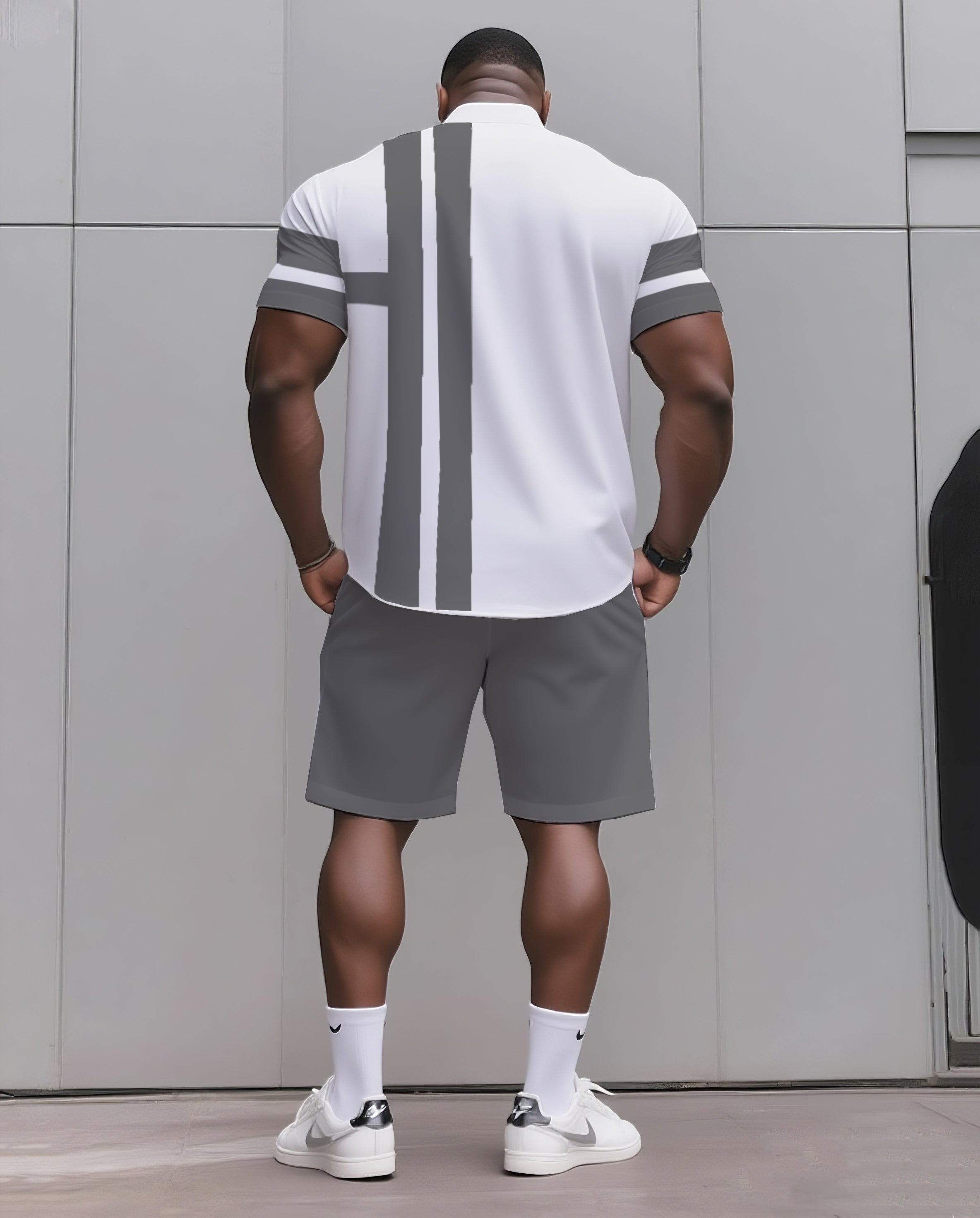 Big & Tall Men's Daily Casual Black & Grey & Wine Red & Fluorescent Green & Blue & Dark Blue. Big Striped Shirt Shorts Suit