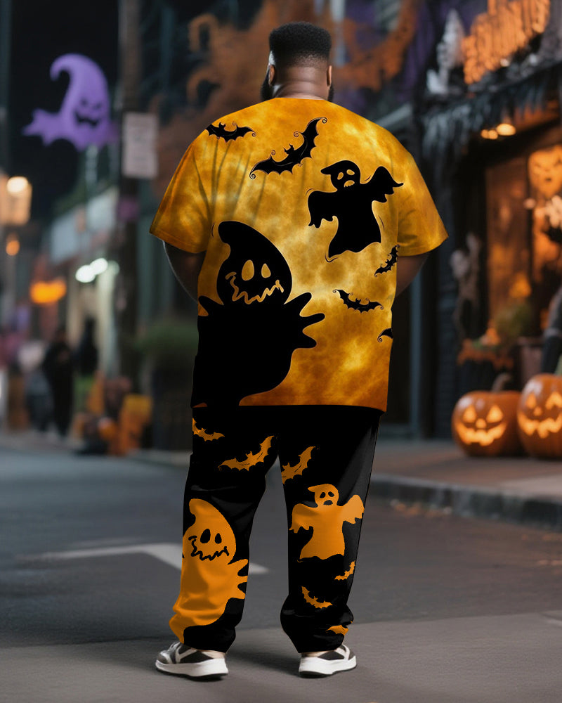 Big & Tall Men's Halloween Yellow Black Color Contrast Ghost Bat Pumpkin Print T-Shirt Trousers Suit