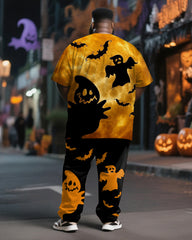 Big & Tall Men's Halloween Yellow Black Color Contrast Ghost Bat Pumpkin Print T-Shirt Trousers Suit