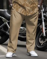 Big Guys High-grade Same Color Retro Pattern Printed Long-sleeve Lapel Shirt 2-piece Set