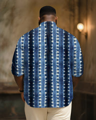 Big & Tall Men's Vintage Blue Tie Dye Stripe Art Print Long Sleeve Bamboo Hemp Texture Shirt