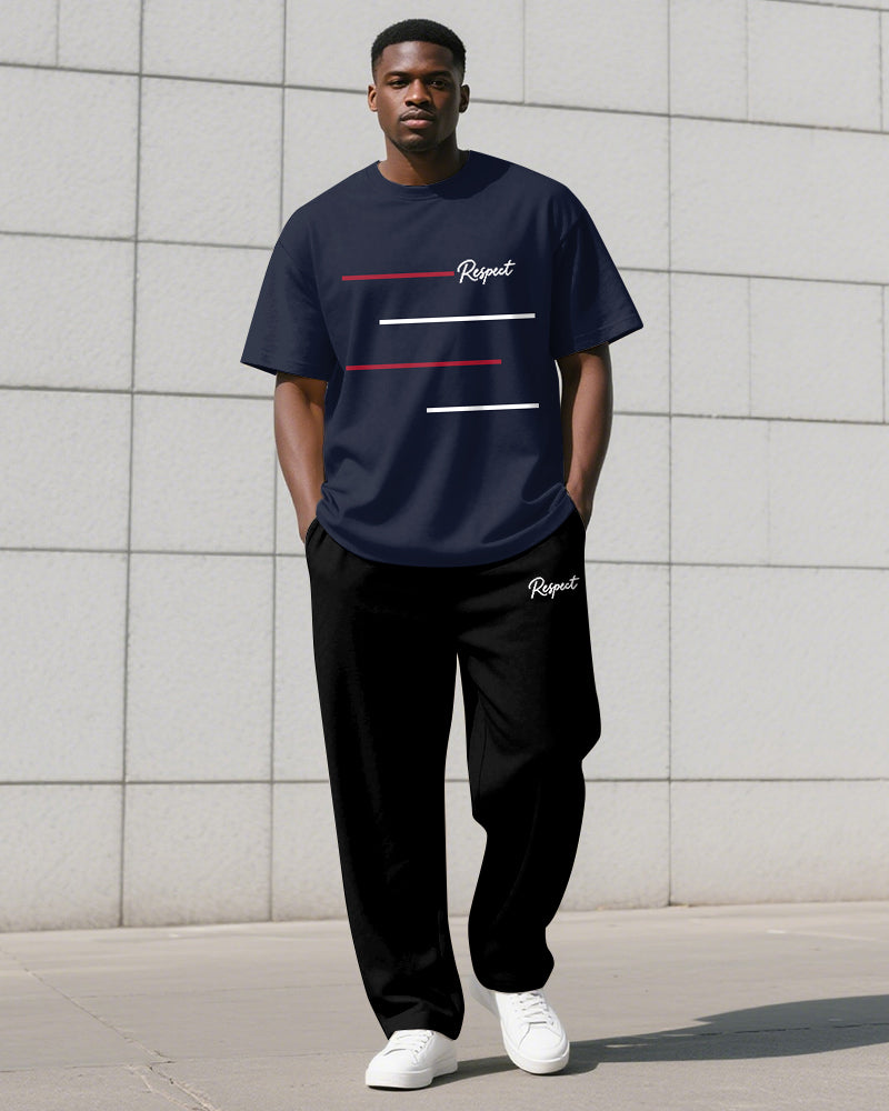 Men's Plus Size Simple Line Color Matching Respect Letter Printed T-shirt Trousers Suit