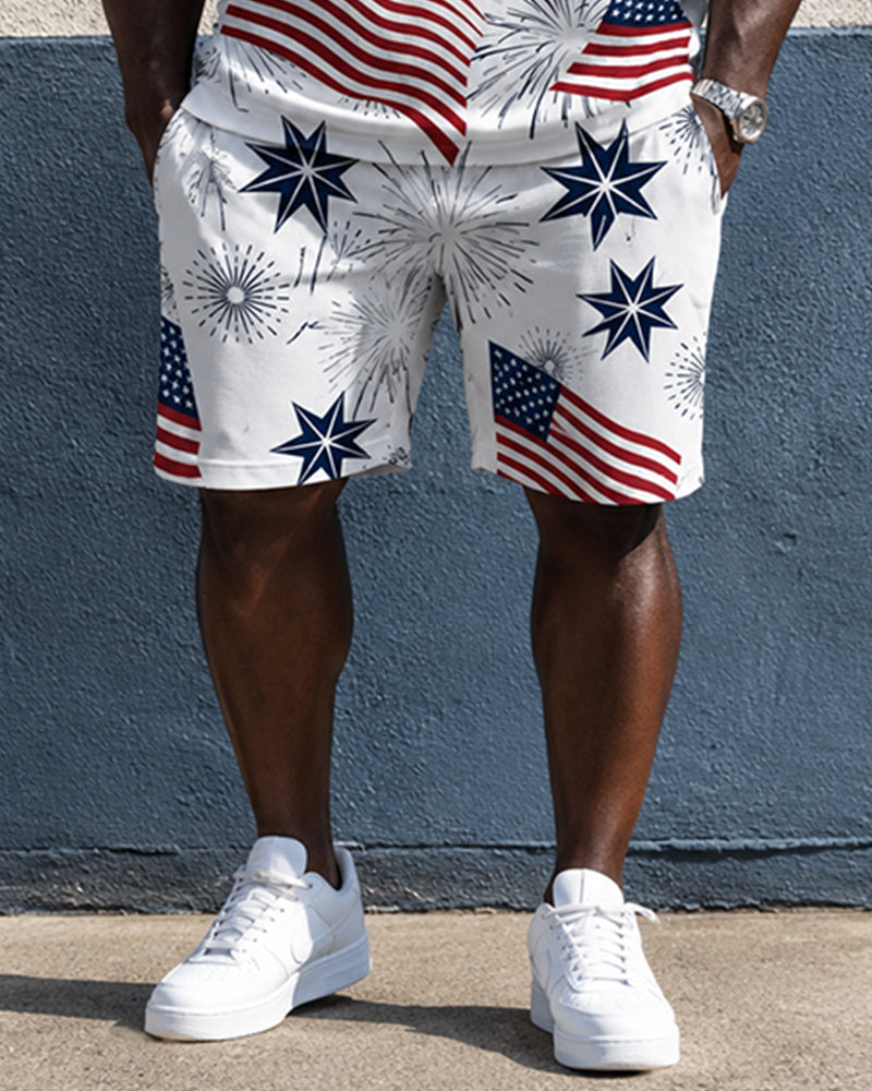 Big & Tall Men's Whitehead Sea Eagle 250 Anniversary Star Strip Fireworks Print POLO Short Sleeve Shorts Set