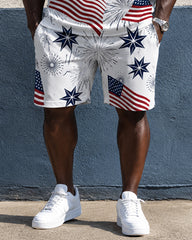Big & Tall Men's Whitehead Sea Eagle 250 Anniversary Star Strip Fireworks Print POLO Short Sleeve Shorts Set