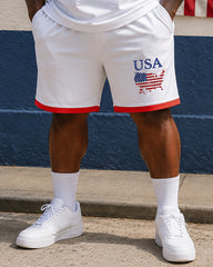 Big & Tall Men's Red And White Edge USA Flag Printed POLO Short Sleeve Shorts Set