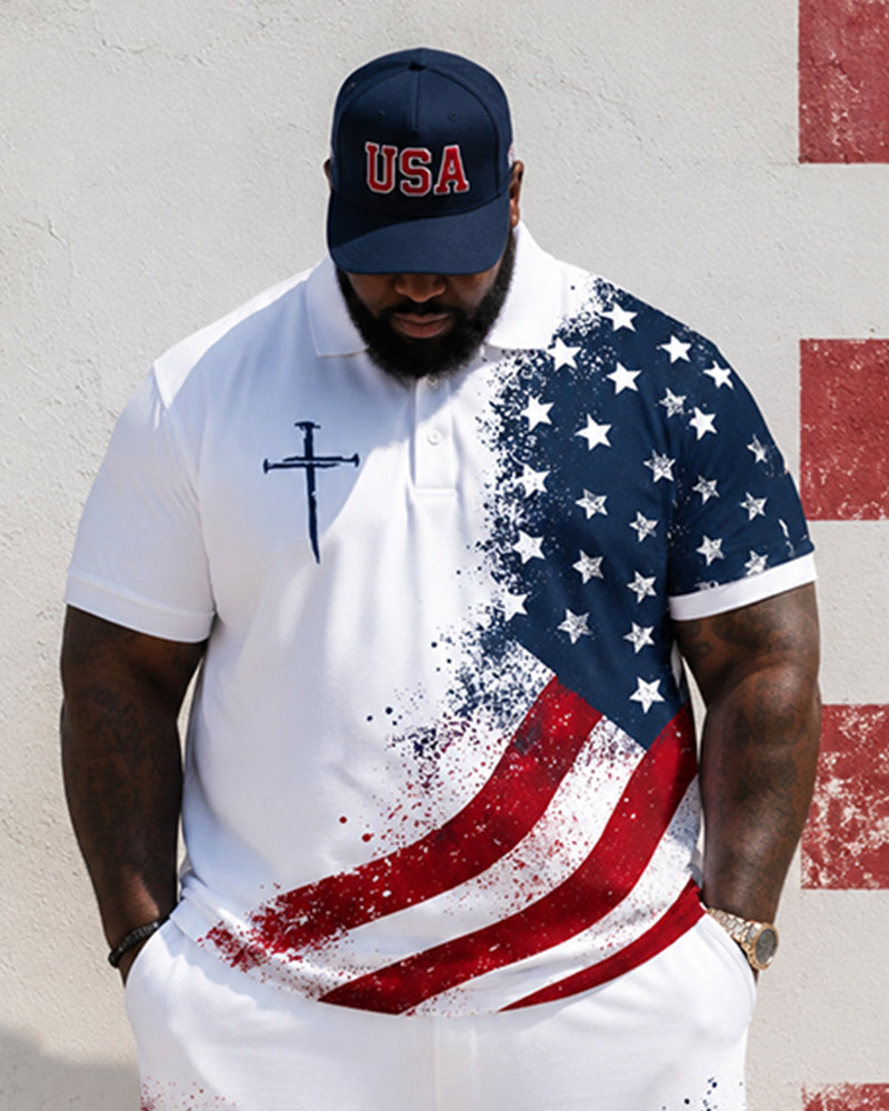 Big & Tall Men's Splash Ink Flag Cross Printed POLO Short Sleeve Shorts Set