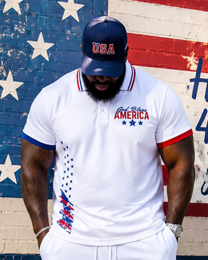 Big & Tall Men's God Bless America Letter Flag Print POLO Short Sleeve Shorts Set