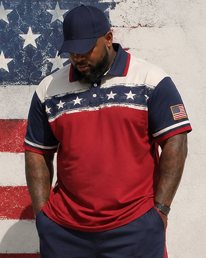 Big & Tall Men's Red, Blue And White Contrast Star Print POLO Short Sleeve Shorts Set