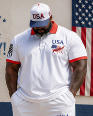 Big & Tall Men's Red And White Edge USA Flag Printed POLO Short Sleeve Shorts Set