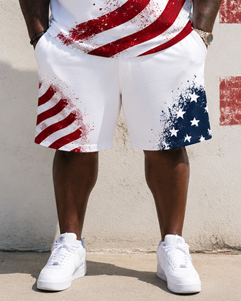 Big & Tall Men's Splash Ink Flag Cross Printed POLO Short Sleeve Shorts Set