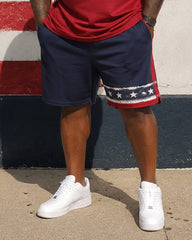 Big & Tall Men's Red, Blue And White Contrast Star Print POLO Short Sleeve Shorts Set