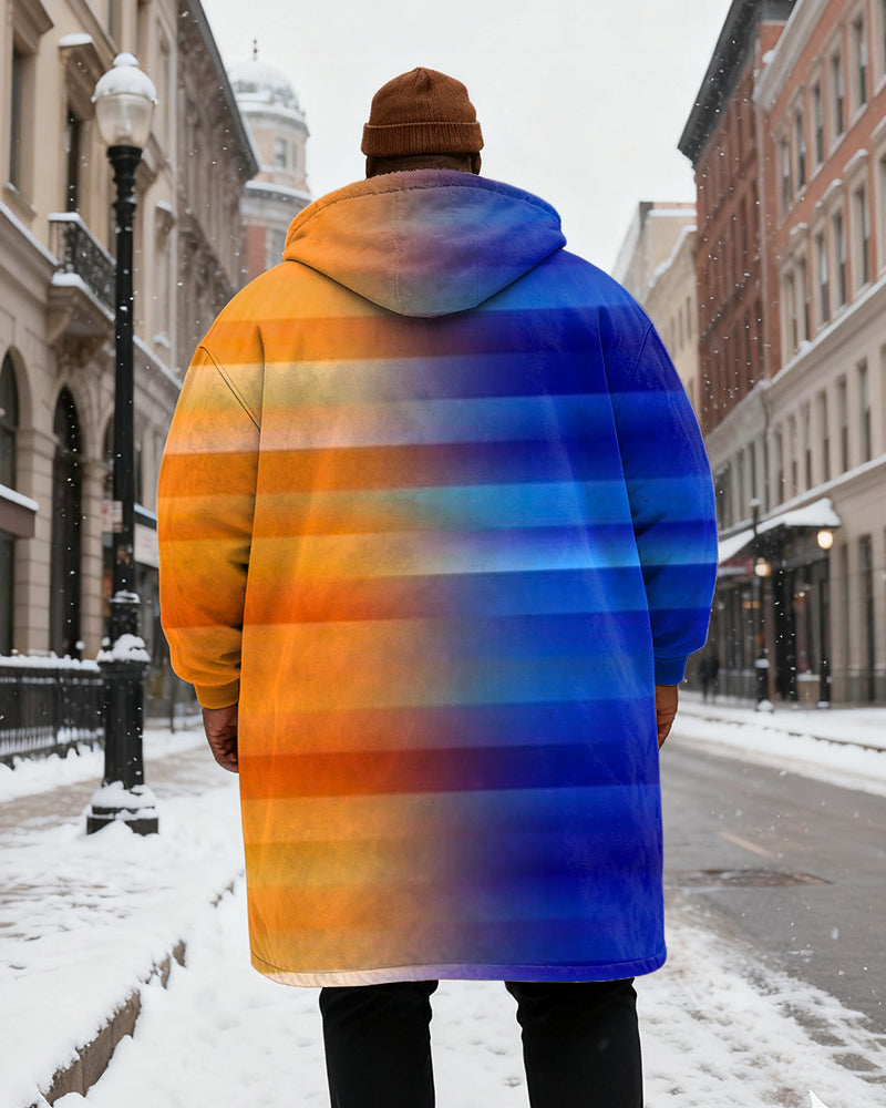 Big & Tall Men's Orange Blue Stripe Gradient Printed Velvet Thickened Long Hooded Coat