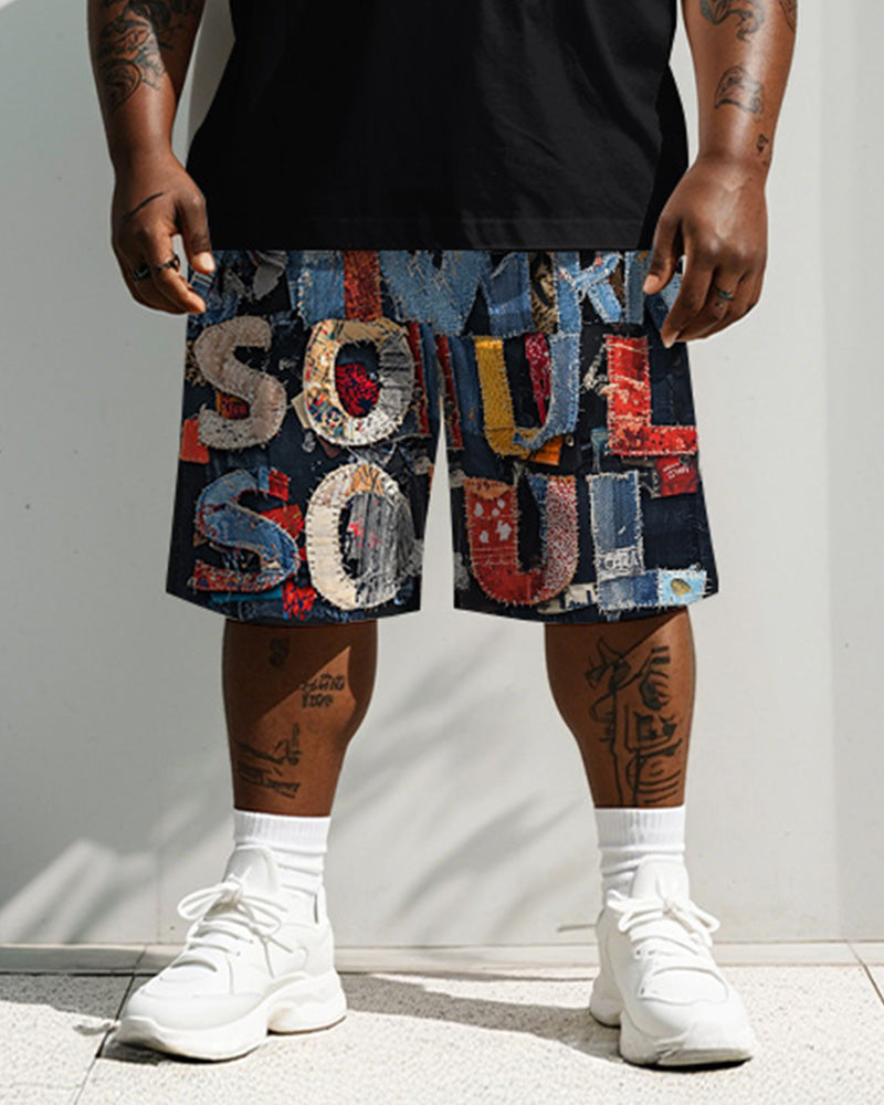 Men's Plus Size Street Fashion Denim Patching Patch Soul Letter Printed Short Sleeve T-Shirt Shorts Suit