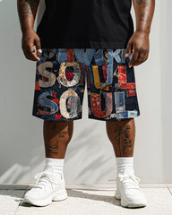 Men's Plus Size Street Fashion Denim Patching Patch Soul Letter Printed Short Sleeve T-Shirt Shorts Suit