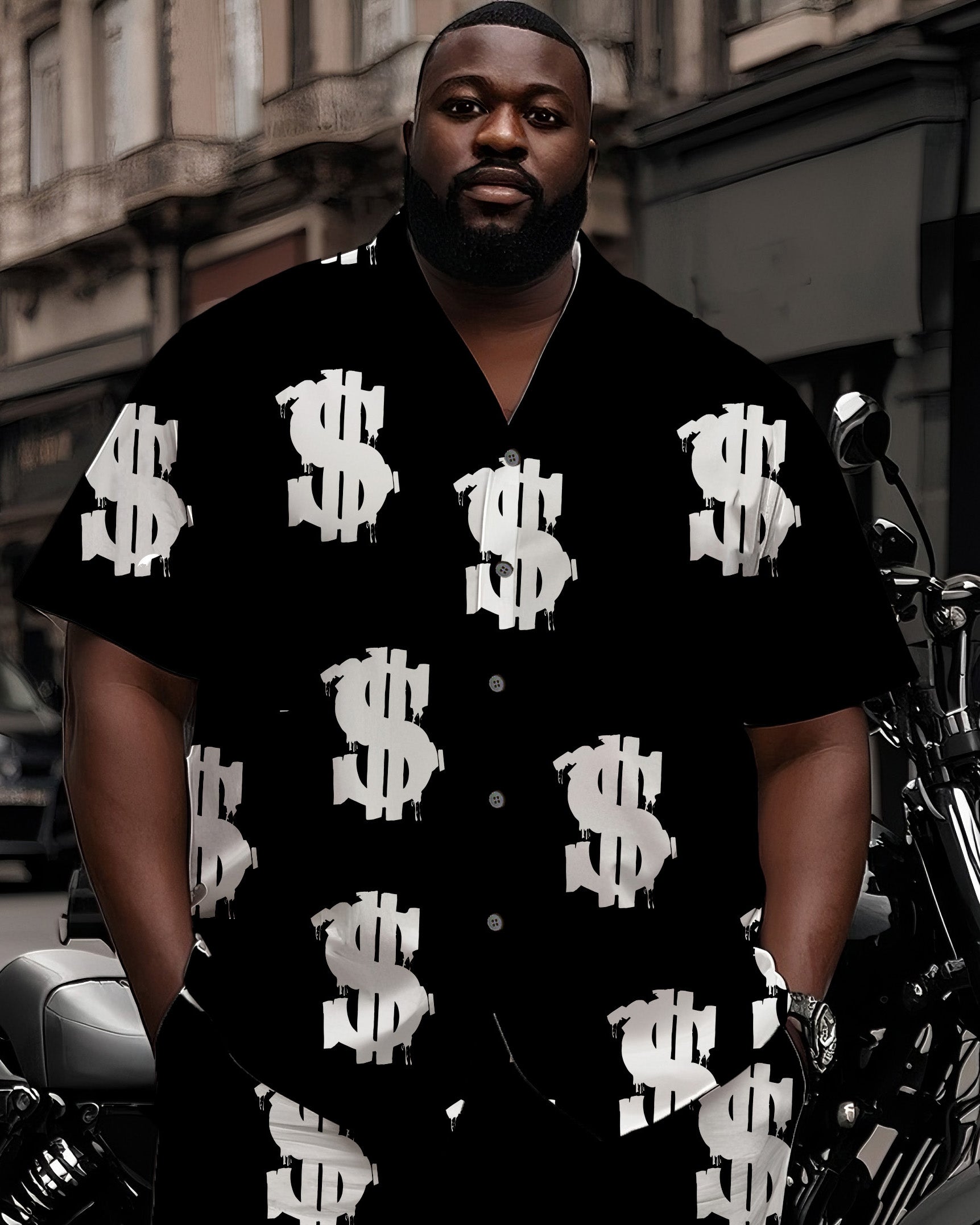 Big Man's Street Biker Style White Dollar Print Black Short Sleeve Shirt Shorts Suit