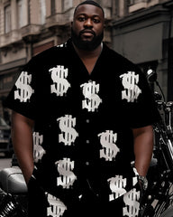 Big Man's Street Biker Style White Dollar Print Black Short Sleeve Shirt Shorts Suit