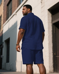 Men's Plus Size Royal Blue Patchwork Bohemian Pattern Short Sleeve Shirt Shorts Suit