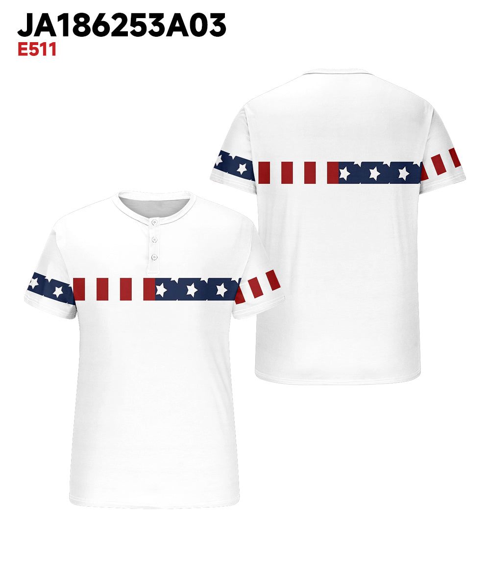 Men's Plus Size Independence Day American Flag Elemental Print Henry Collar Button Short Sleeve Tee