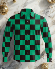 Men's Plus Size National Style Green Plaid Long Sleeve Lapel Long Sleeve Shirt