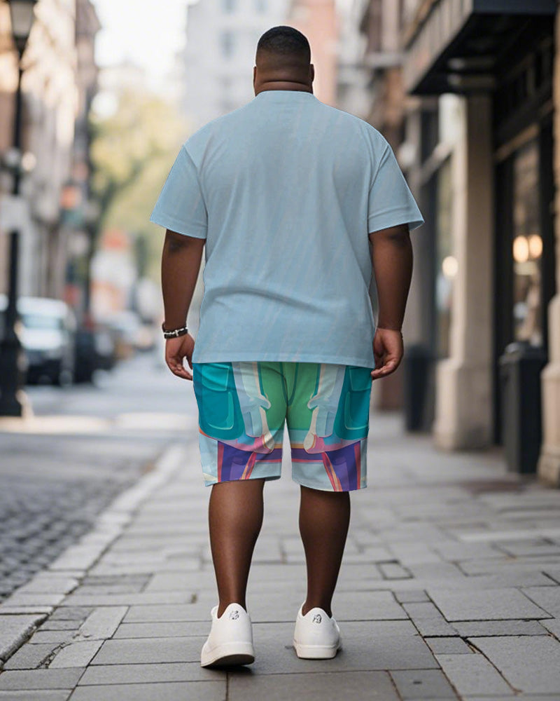 Men's Plus Size Blue Graffiti Milk Tea Leopard Print Short-sleeved T-shirt Shorts Suit