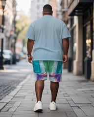 Men's Plus Size Blue Graffiti Milk Tea Leopard Print Short-sleeved T-shirt Shorts Suit