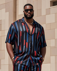 Big Men's-Hot Blue Red Black Striped Color Block Printed Short Sleeve Shirt Shorts Suit