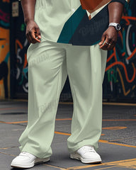 Men's Plus Size Green Color Block Abstract Cartoon Printing Long Sleeve Shirt Trousers Suit
