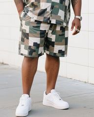 Big Man's Daily Leisure Outdoor Activities Design Creative Checkered Camouflage Short Sleeve Shirt Shorts Suit