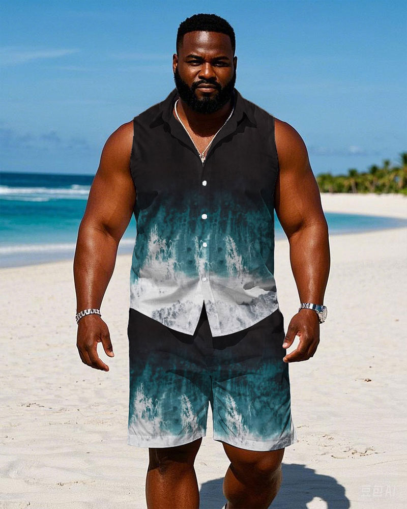 Men's Plus Size Hawaiian Black & White & Blue Sleeveless Vest Shirt Shorts Suit