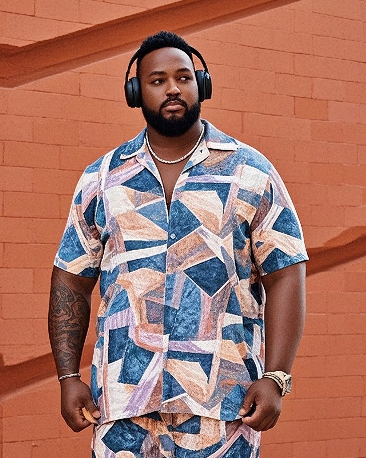 Men's Plus Size Irregular Geometry Print Short Sleeve Shirt Shorts Suit
