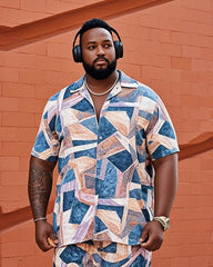 Men's Plus Size Irregular Geometry Print Short Sleeve Shirt Shorts Suit